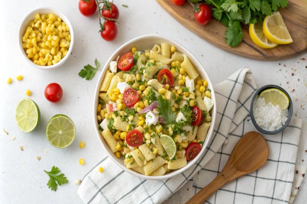 Mexican street corn pasta salad in a large bowl