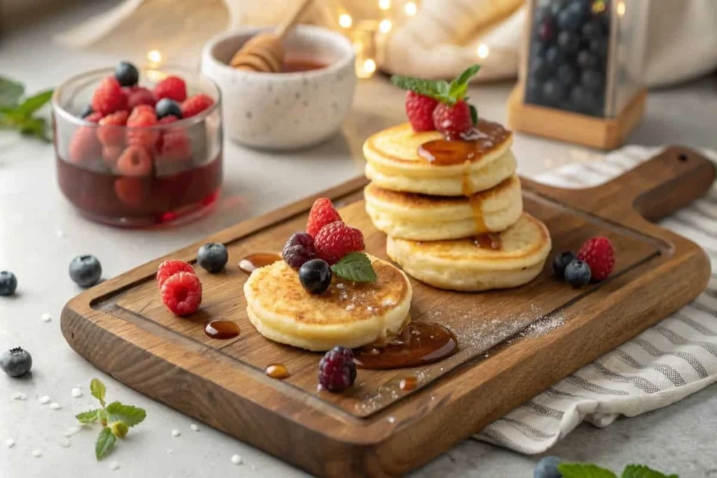 A stack of fluffy mini pancakes topped with fresh berries and syrup.