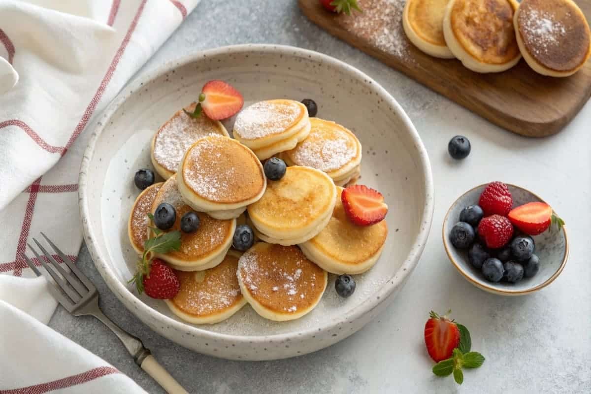 A stack of fluffy mini pancakes served on a plate, what is another name for mini pancakes?