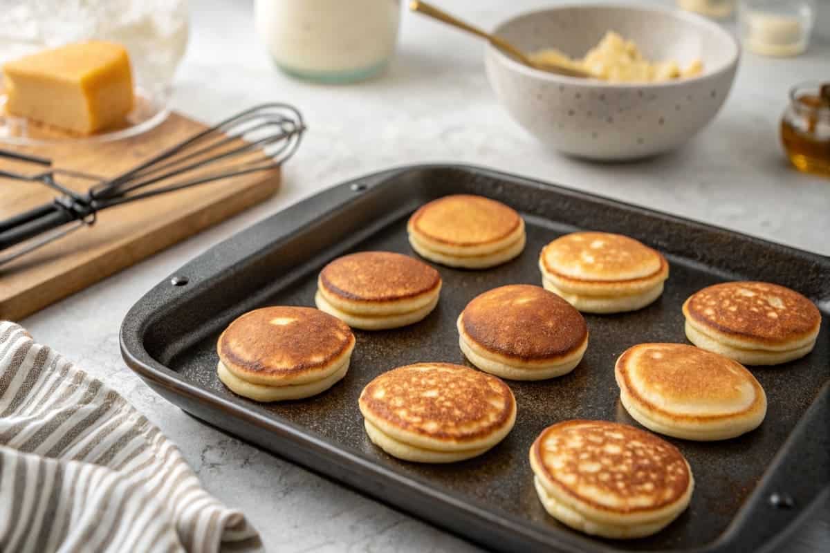 Overhead shot of mini pancakes on a plate, showing ideal doneness for how long do you cook mini pancakes for?