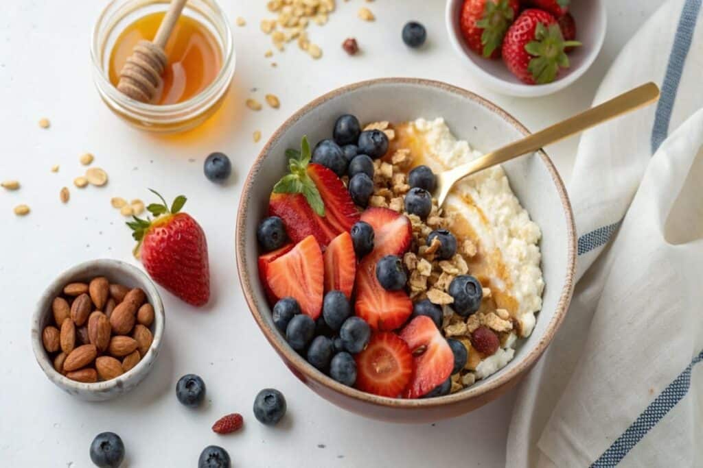 A bowl of cottage cheese topped with fresh fruits and honey.