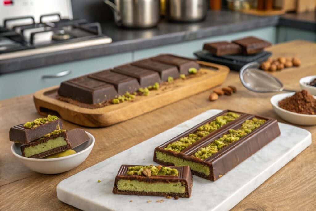 Overhead shot of artisan Dubai chocolate bars with dates and pistachios, How did Dubai chocolate go viral?