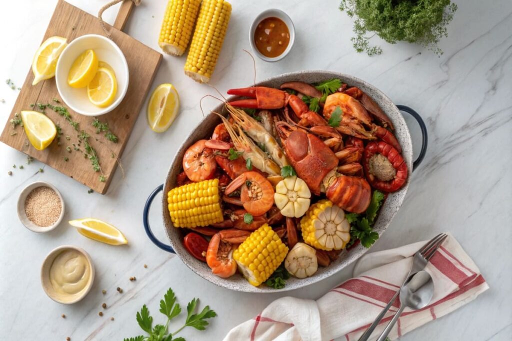 A steaming pot of seafood boil featuring shrimp, crab, corn, and potatoes