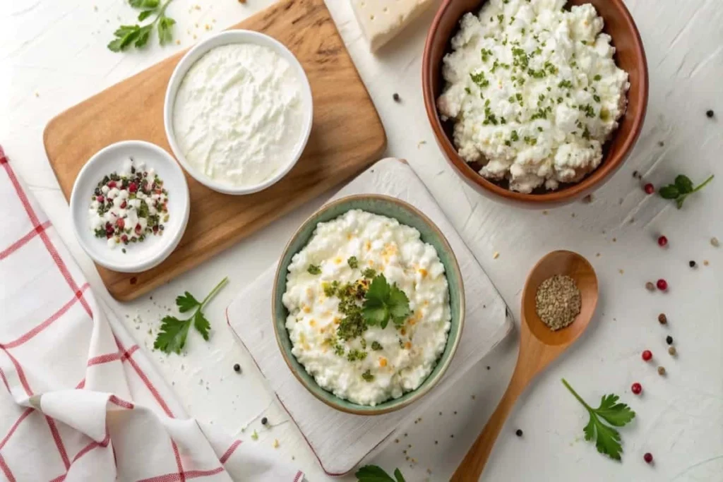 Overhead shot of creamy cottage cheese recipes dip garnished with herbs