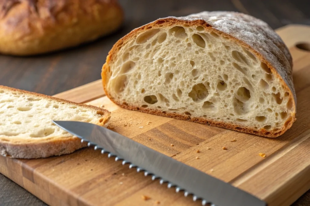 A close-up of sourdough bread's airy crumb structure on a wooden cutting board.