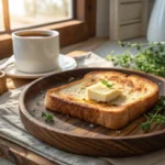 A slice of perfectly toasted sourdough bread with butter on a wooden plate.