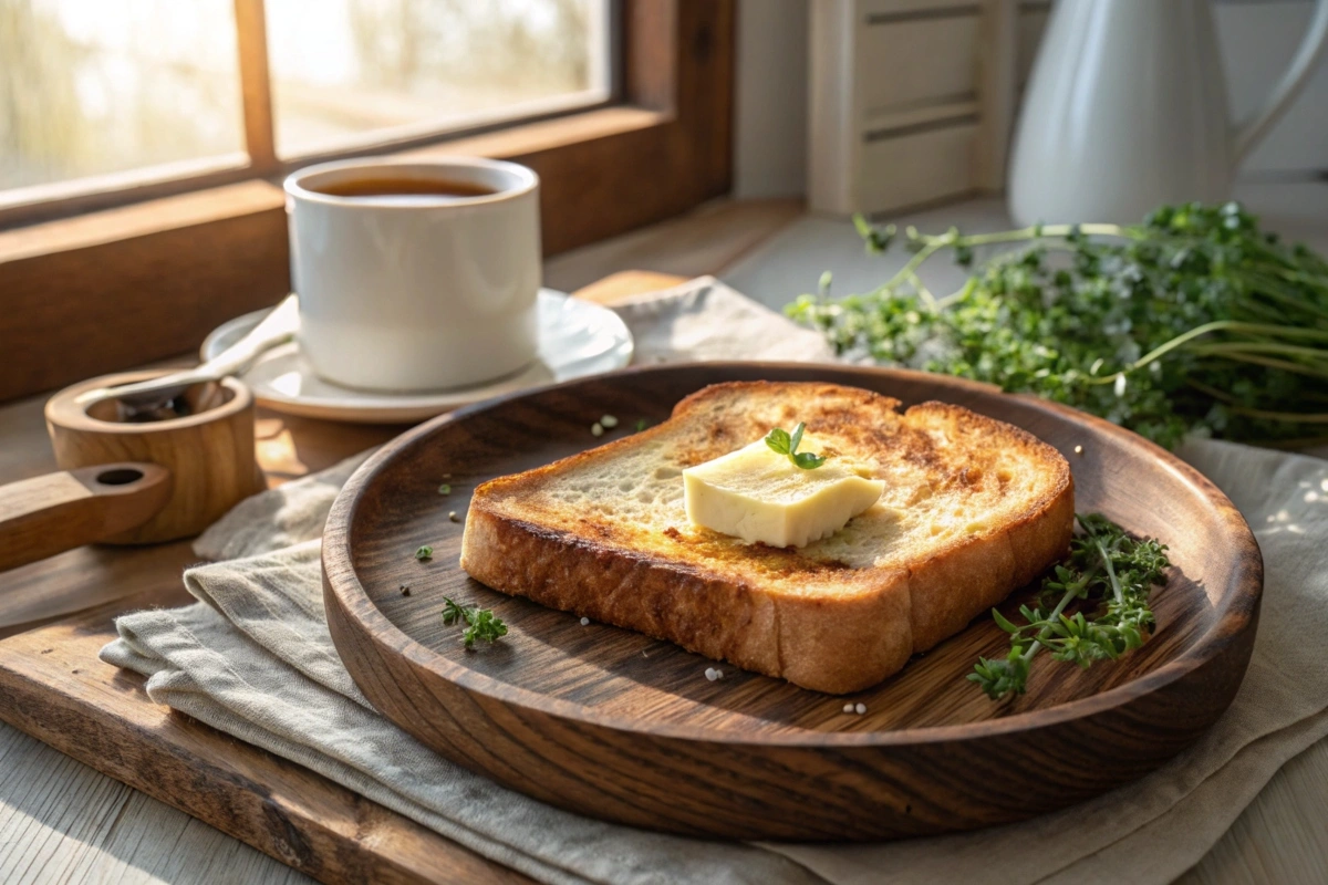 A slice of perfectly toasted sourdough bread with butter on a wooden plate.