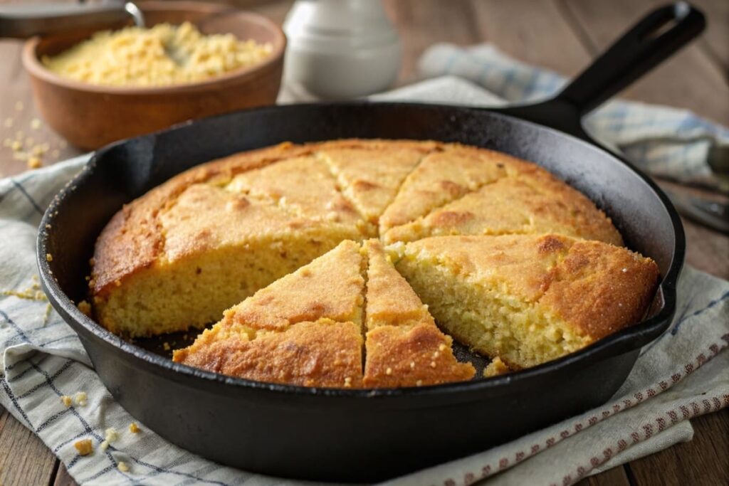 freshly baked southern cornbread recipe in a cast-iron skillet”