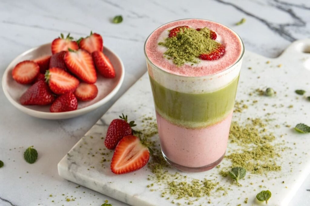 creamy strawberry matcha latte with fresh strawberries.