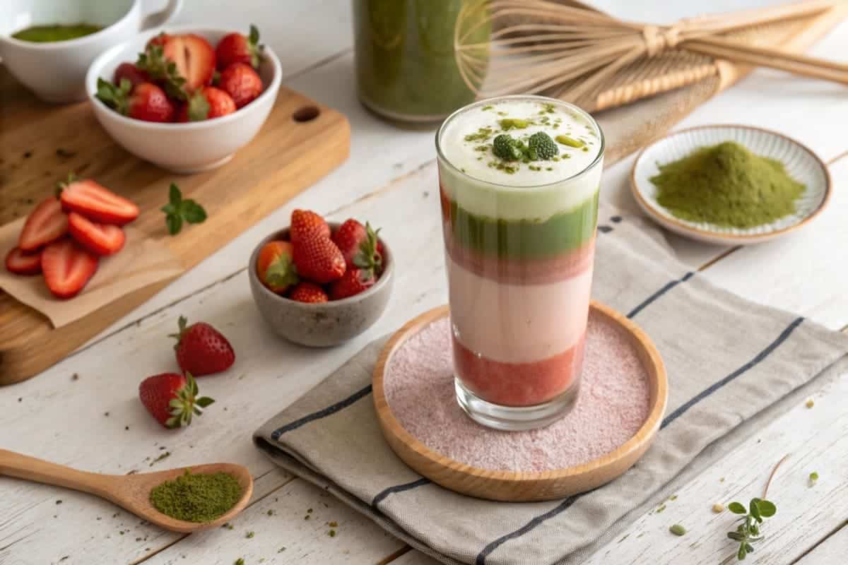 A creamy strawberry matcha latte with vibrant green and pink layers, garnished with fresh strawberries.