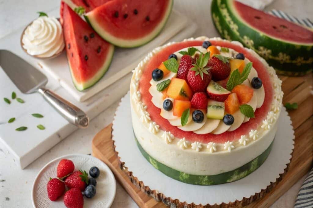 A freshly decorated watermelon cake topped with berries and nuts.