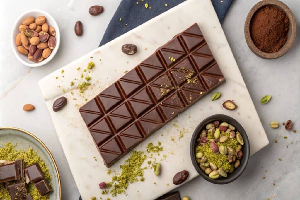 A close-up of a handcrafted Dubai chocolate bar featuring saffron and pistachios, What is Dubai chocolate bar made of?