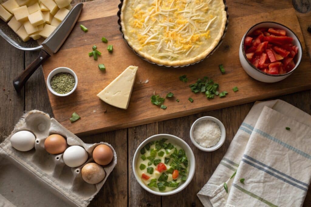 Assorted ingredients for a tortilla quiche bake arranged on a wooden countertop