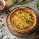 Overhead shot of a tortilla quiche bake with golden cheese and fresh herbs