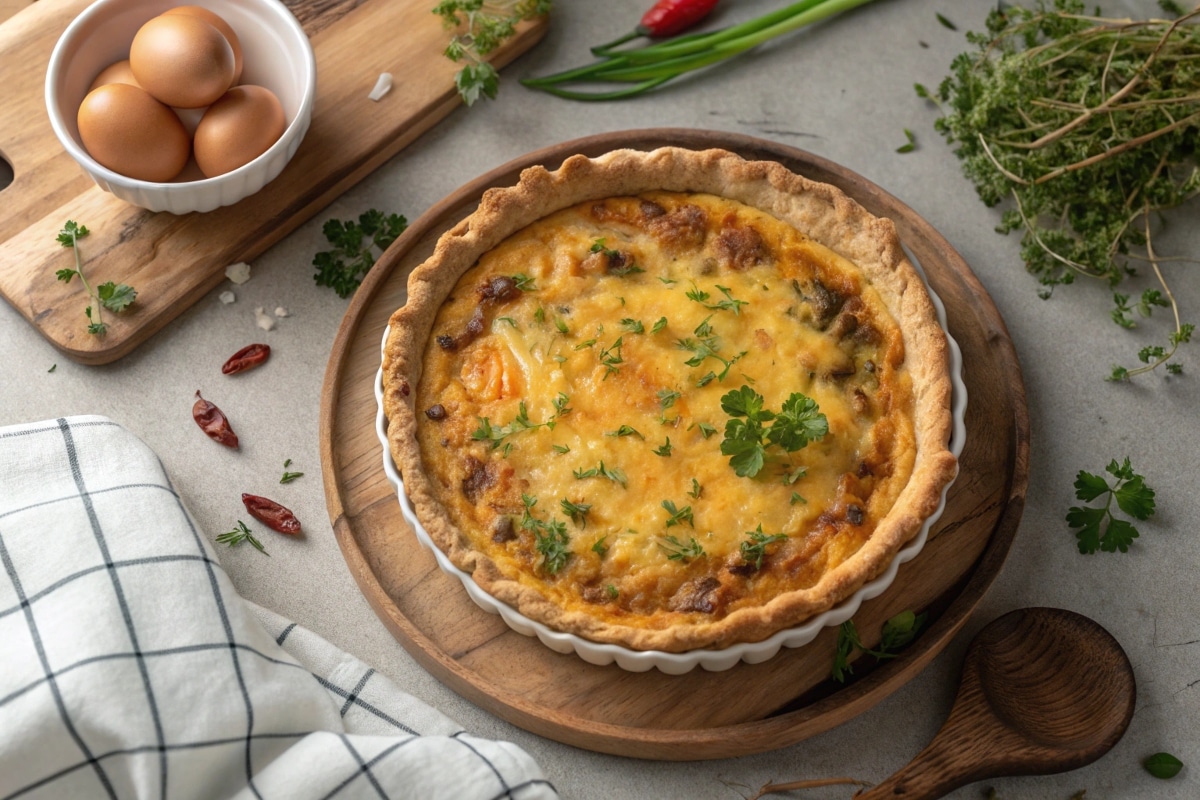 Overhead shot of a tortilla quiche bake with golden cheese and fresh herbs