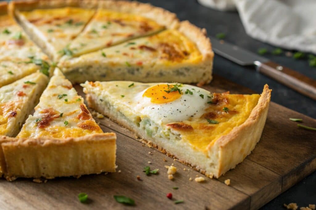 Close-up of a sliced tortilla quiche bake showing fluffy egg and melted cheese