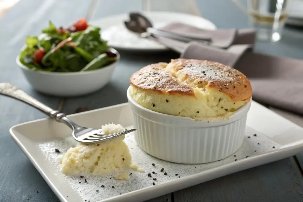 Served black pepper and Parmesan soufflé with a side salad