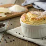 Freshly baked black pepper and Parmesan soufflé in a ramekin.