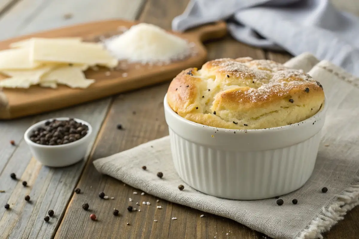 Freshly baked black pepper and Parmesan soufflé in a ramekin.