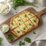 Freshly baked cottage cheese flatbread sliced on a wooden board