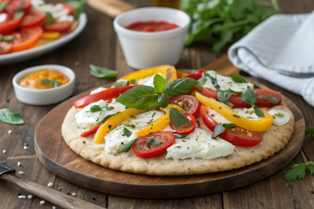 Cottage cheese flatbread topped with vegetables and cheese