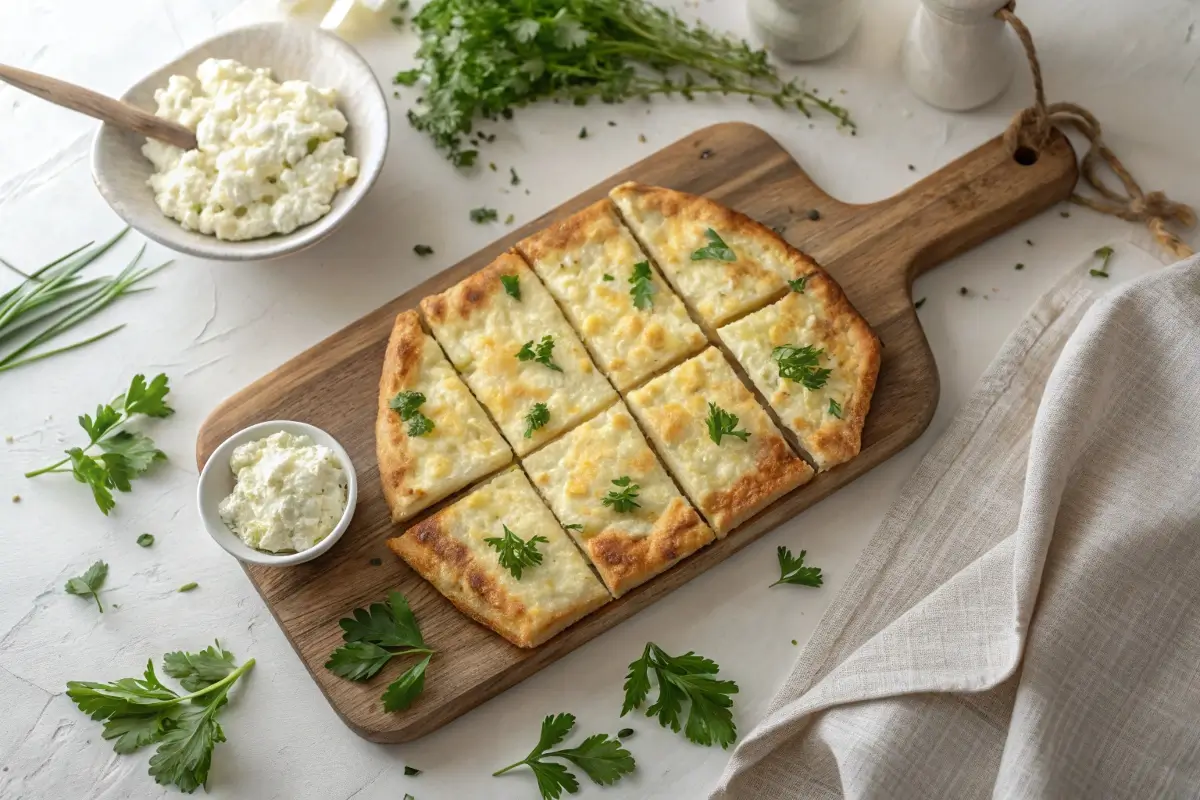 Freshly baked cottage cheese flatbread sliced on a wooden board