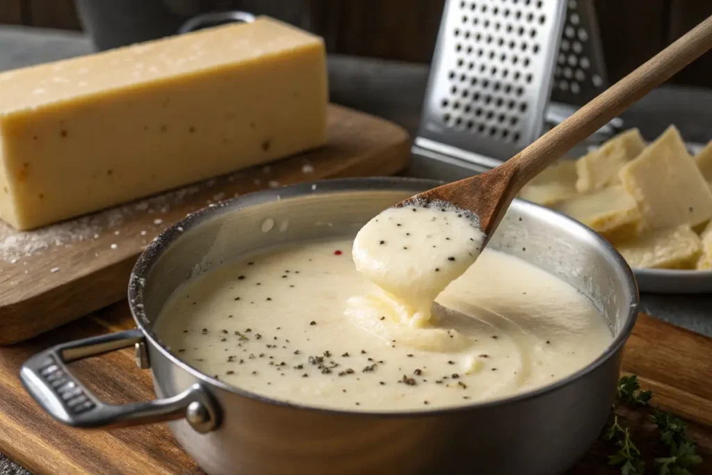 Stirring a creamy béchamel sauce for a Parmesan soufflé.