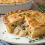 Golden chicken pot pie with steam rising in a rustic pie dish.