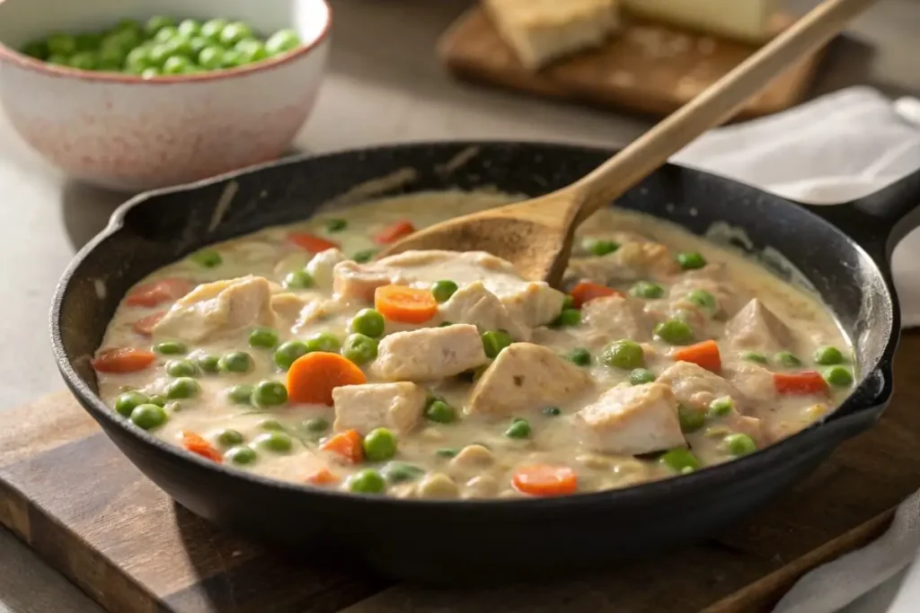 Chicken pot pie filling with vegetables simmering in a skillet.