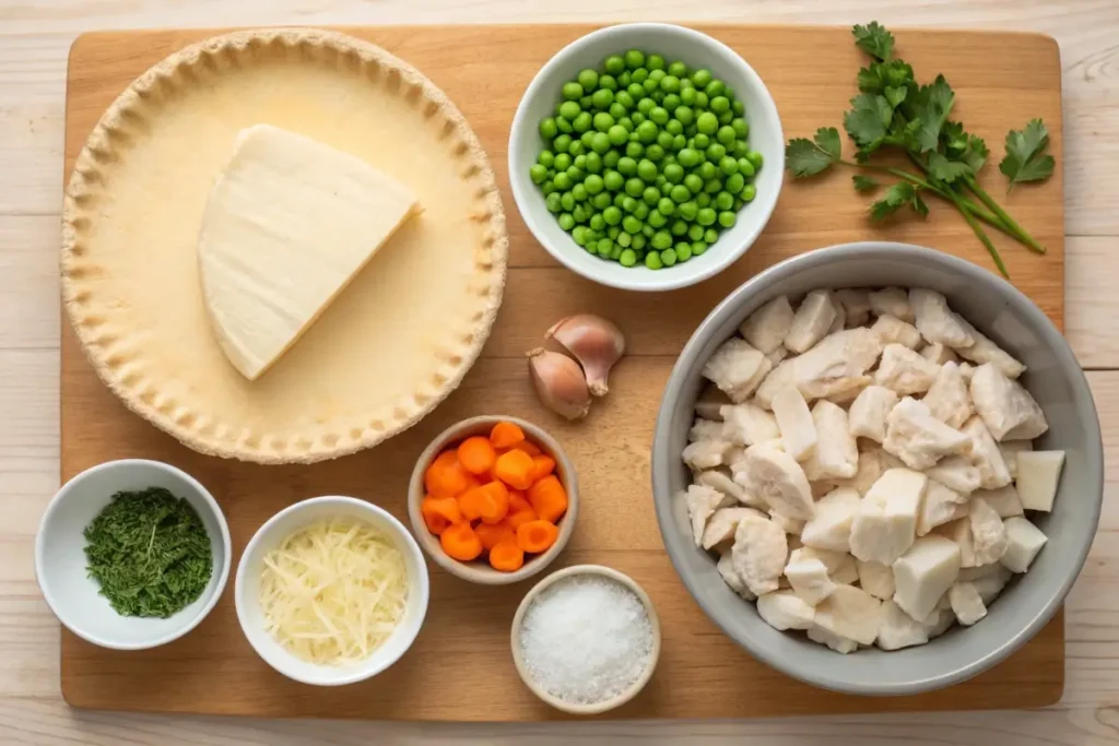 Flat lay of chicken pot pie ingredients on a wooden kitchen counter.