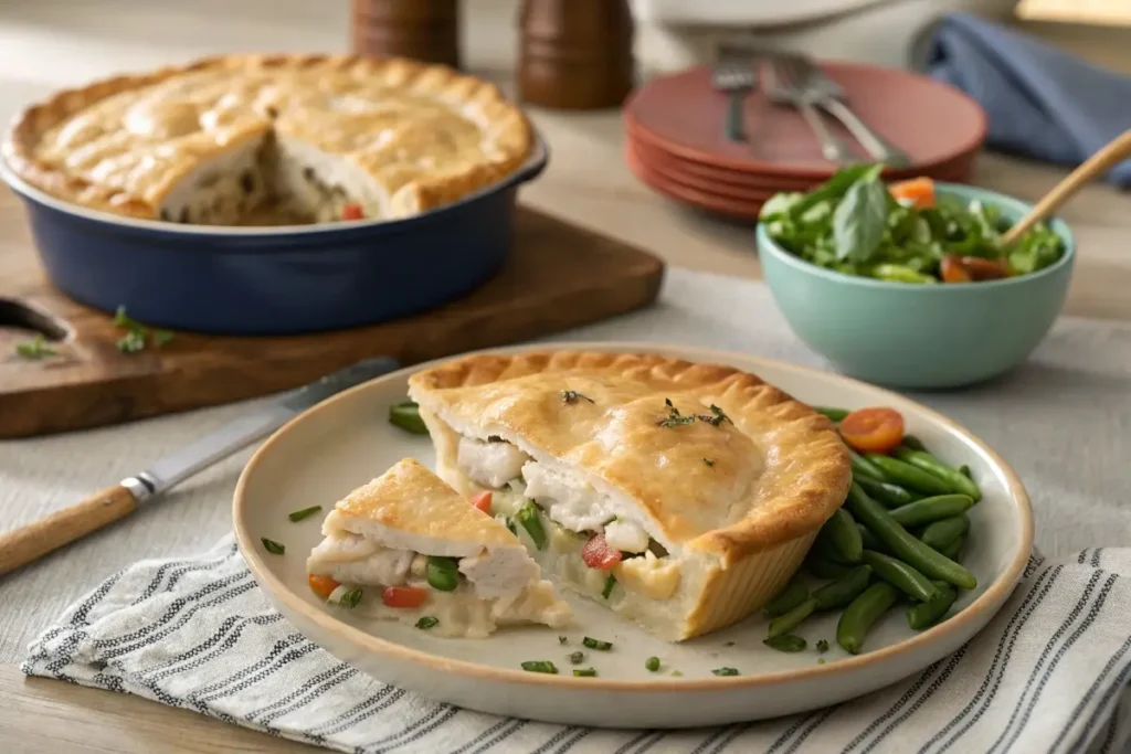 Plated slice of chicken pot pie with green beans and salad on the side.