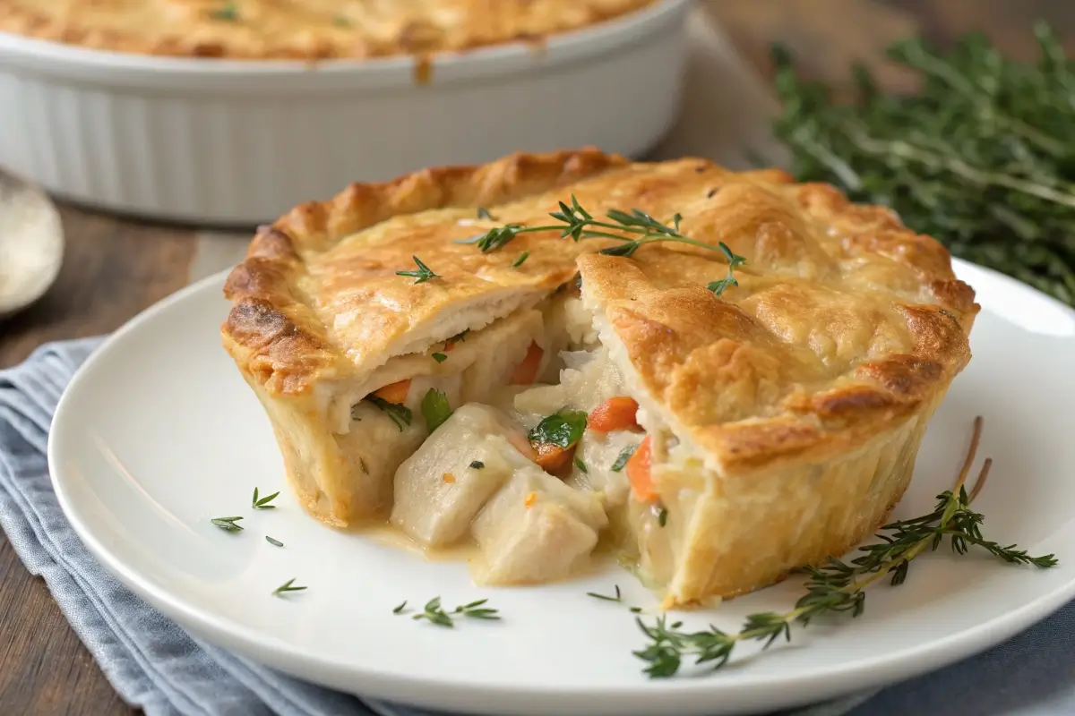 Golden chicken pot pie with steam rising in a rustic pie dish.