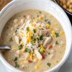 White Chicken Chili in a bowl with toppings