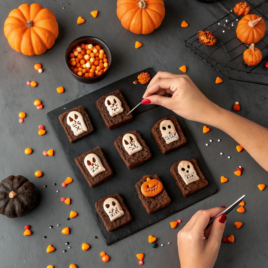 Decorating Halloween brownies with spooky toppings