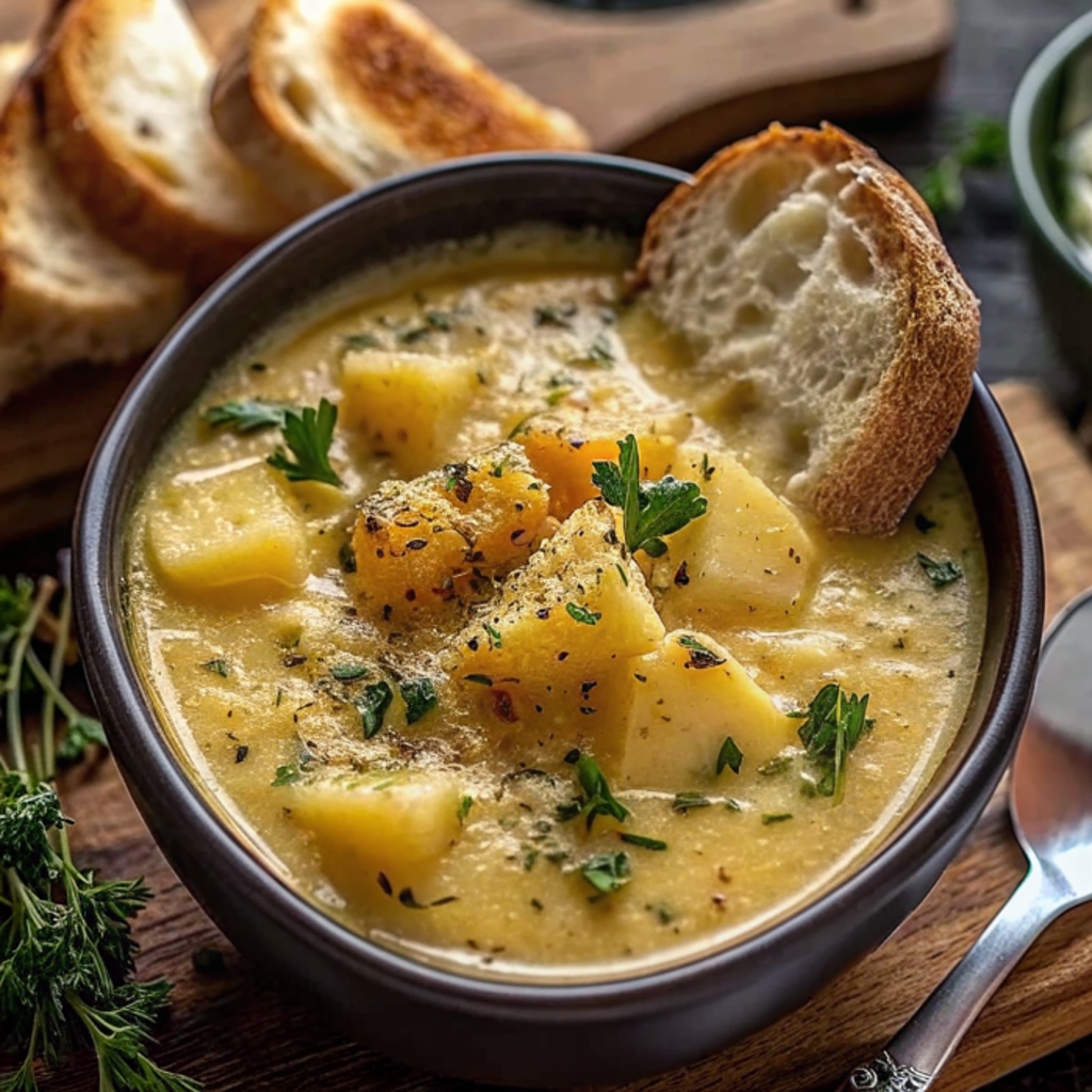 Bowl of Cheddar Garlic Herb Potato Soup with toast