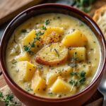 Cheddar Garlic Herb Potato Soup close-up with herbs and cheddar