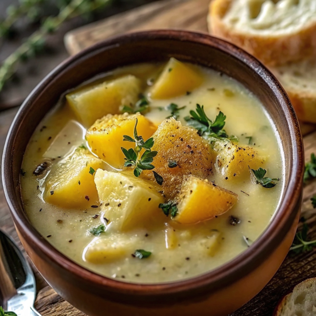 Creamy potato soup garnished and ready