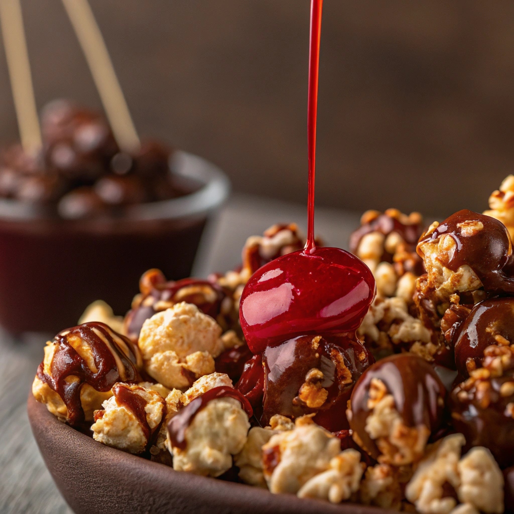 drizzling red velvet chocolate over popcorn