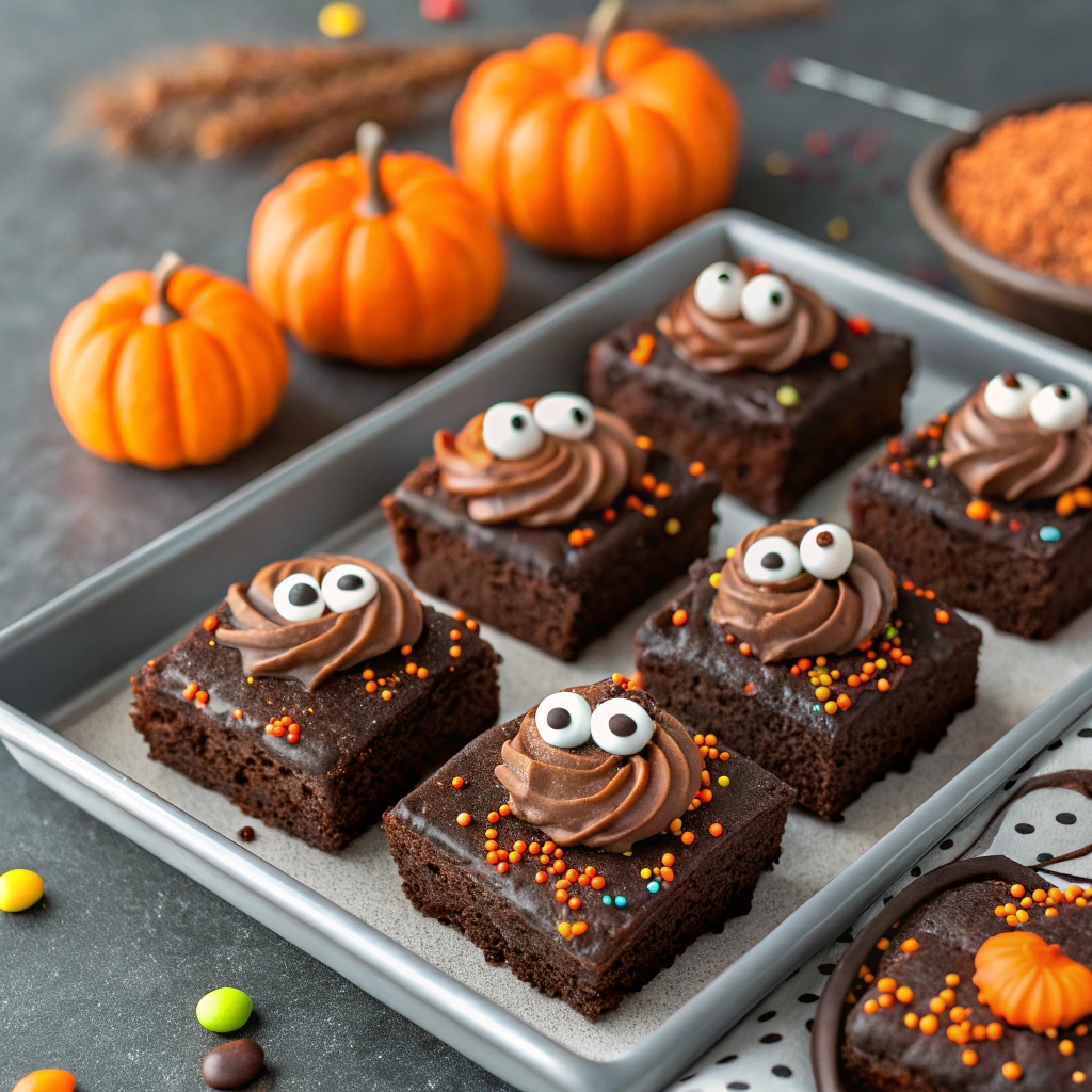 Halloween brownies decorated with spooky candy eyes and sprinkles