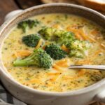Healthy Broccoli Cheddar Soup served hot with cheddar and broccoli