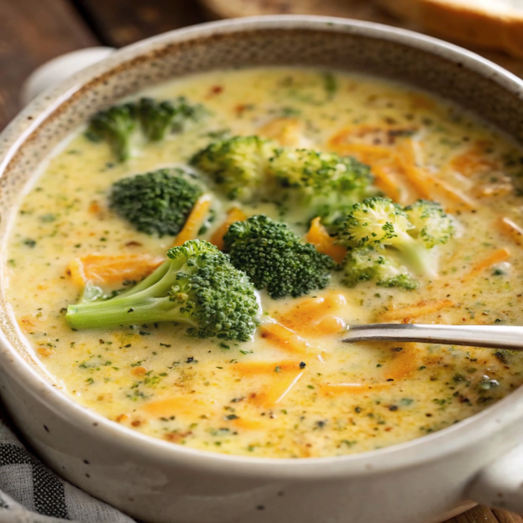 Healthy Broccoli Cheddar Soup served hot with cheddar and broccoli