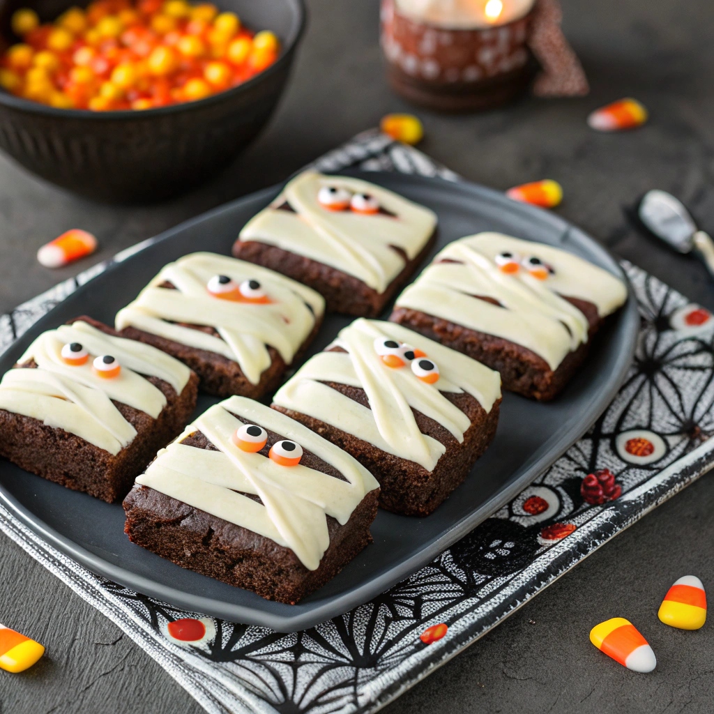 Halloween mummy brownies served on festive tray