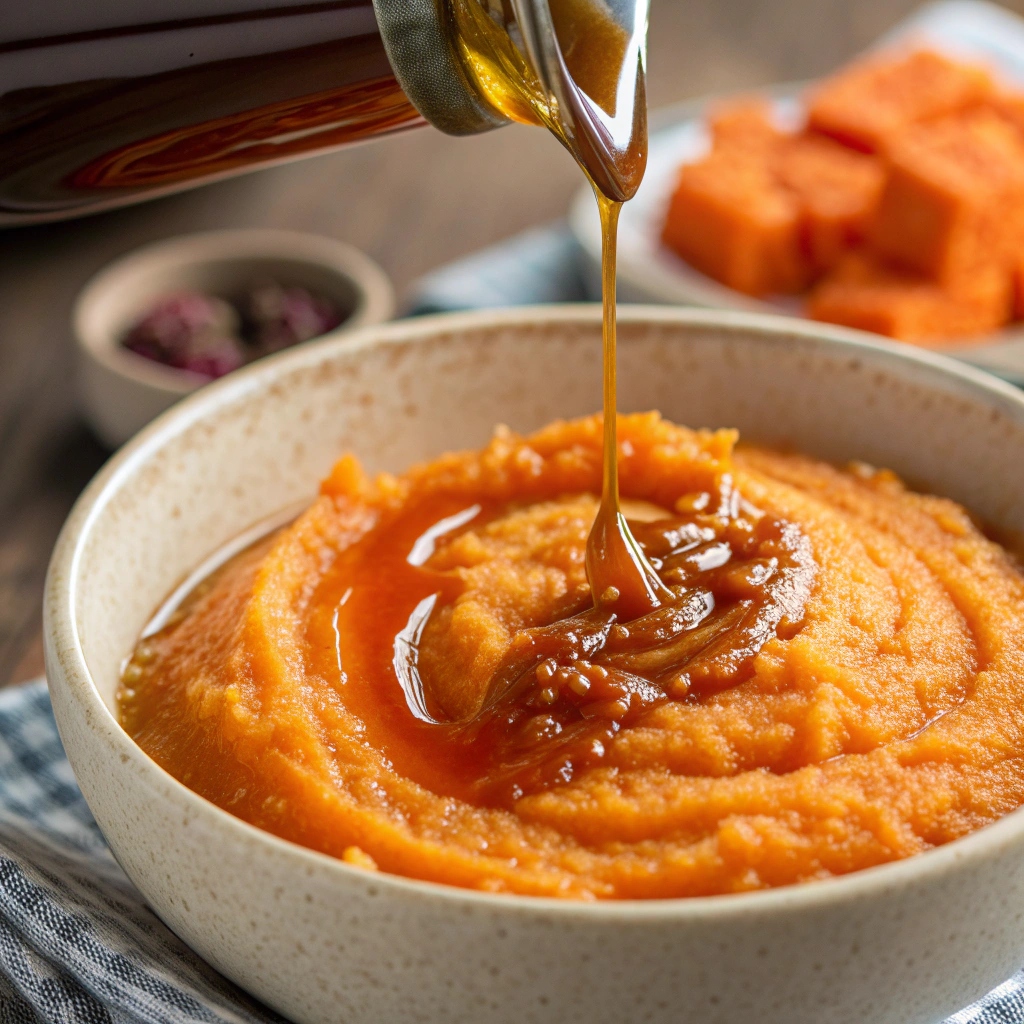 Pouring maple syrup into casserole mixture