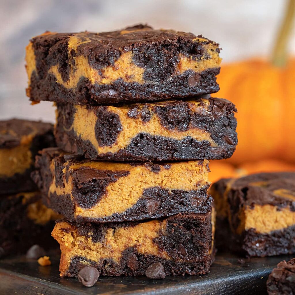 Pumpkin brownies swirled with chocolate and pumpkin spic