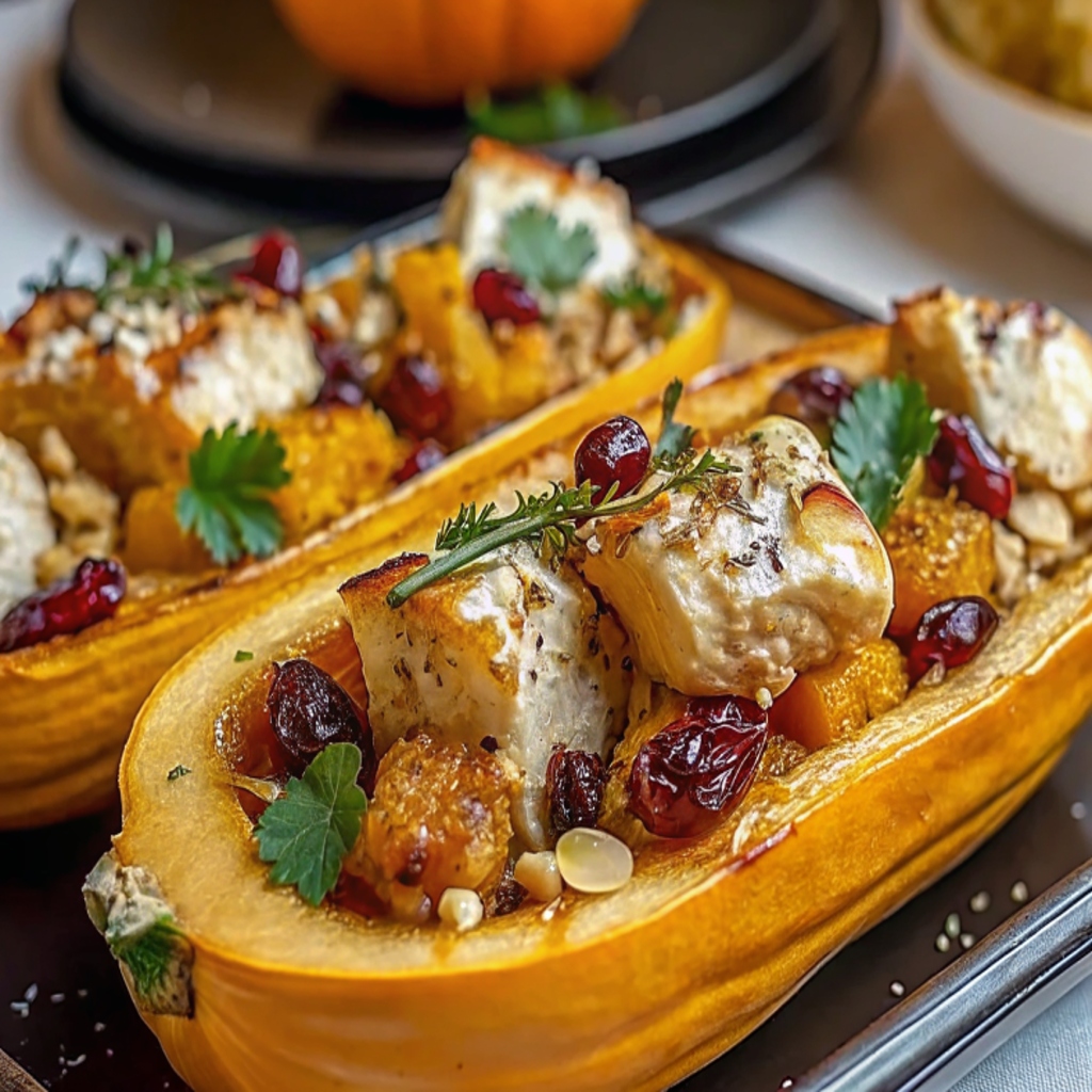 serving honey roasted butternut squash stuffed with chicken