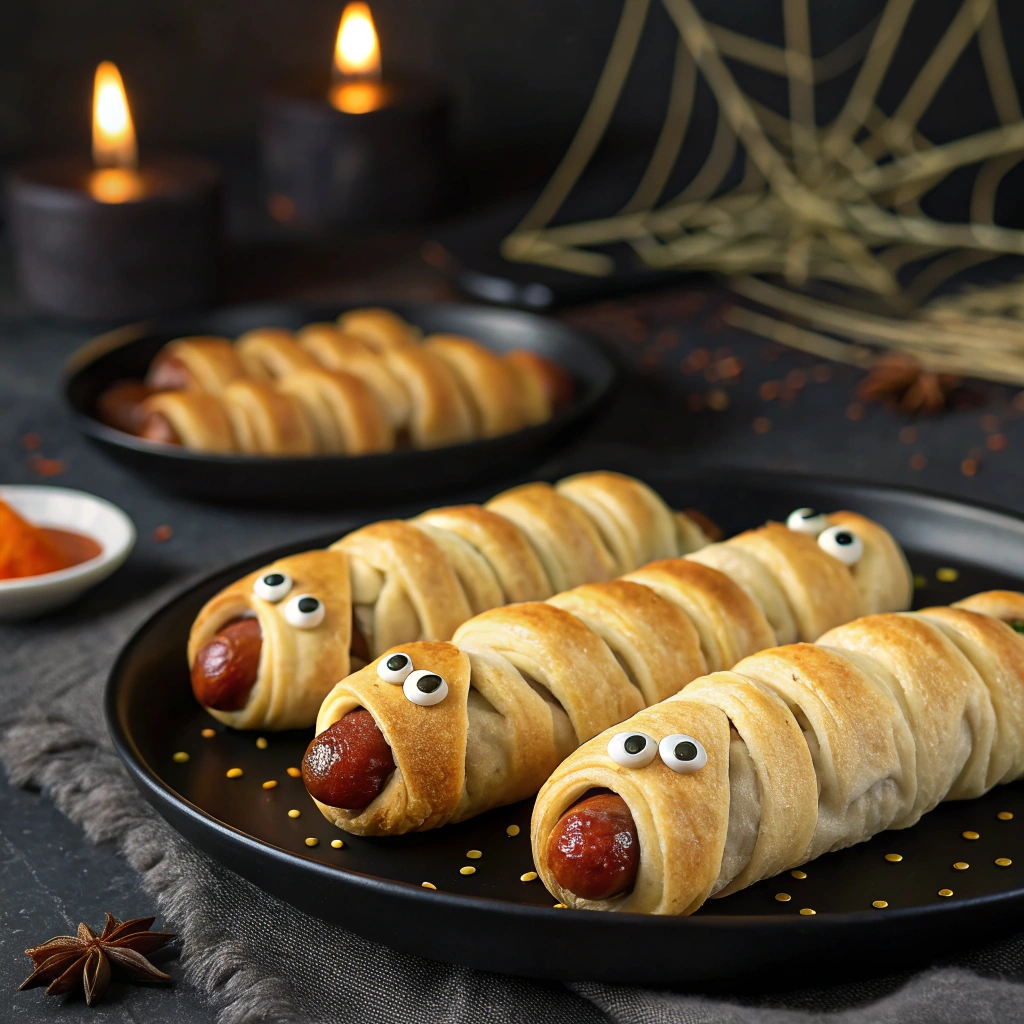 serving mummy hot dogs with ketchup mustard