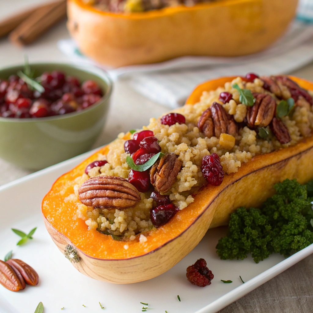 Stuffed butternut squash with sausage served with bread and salad