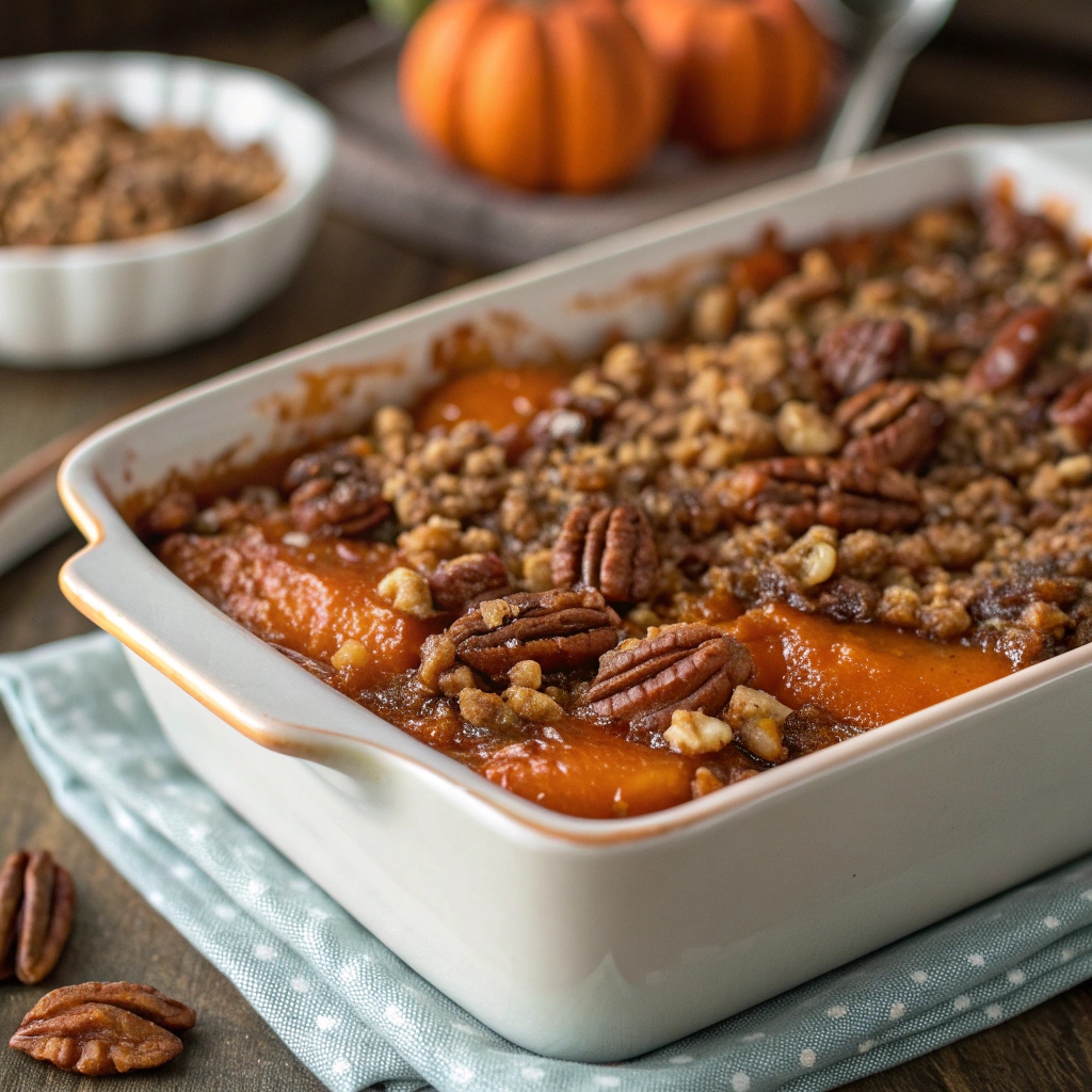 Southern Maple Sweet Potato Casserole with pecan topping