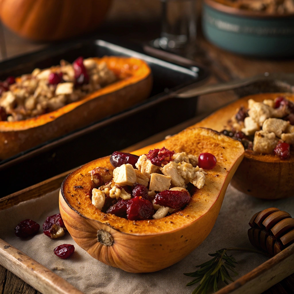 filling roasted butternut squash with chicken mixture