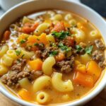 ne-pot hamburger soup with macaroni in rustic bowl